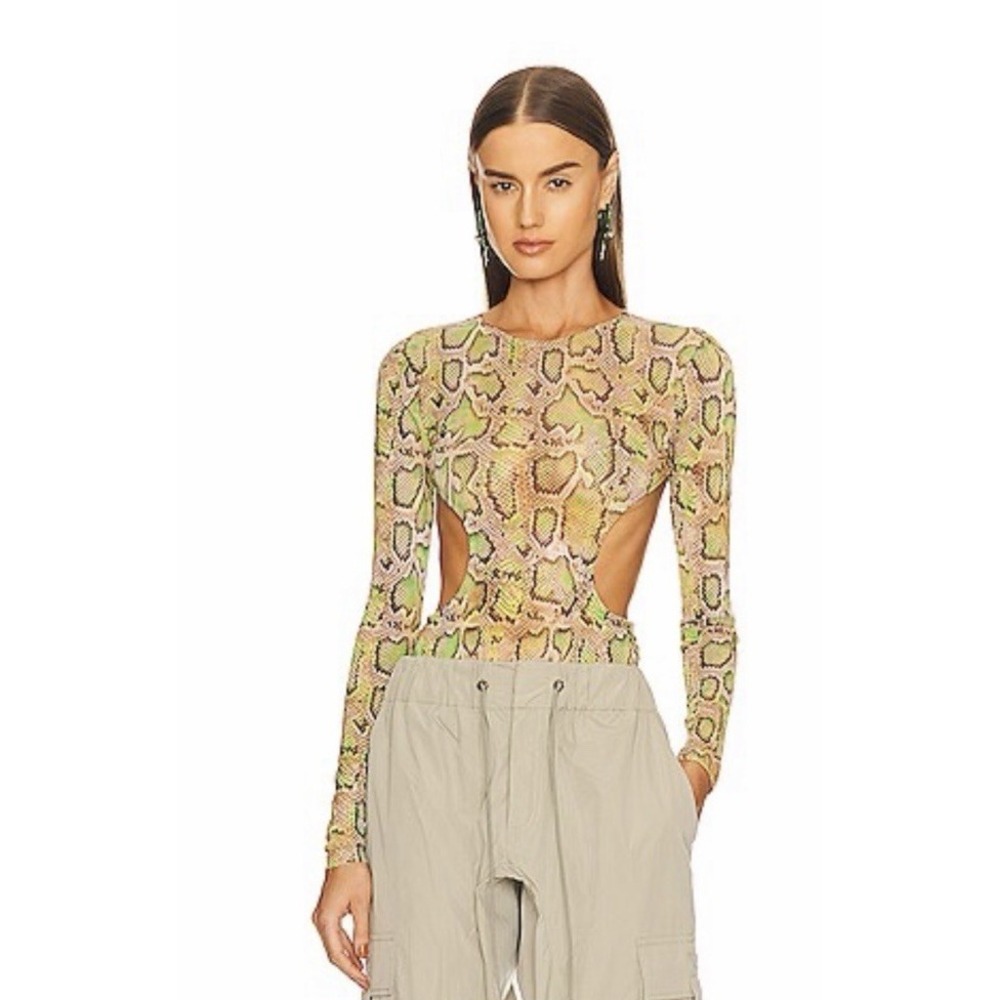 Dundas X Revolve Cutout Bodysuit Sz XS Green /‎ Brown Snake Print Mesh